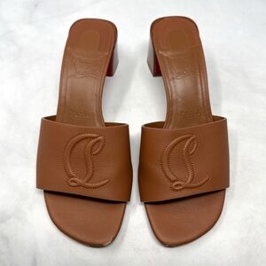 Christian Louboutin So CL Logo 55 Leather Low Block Heel Mule Sandals Brown 37.5